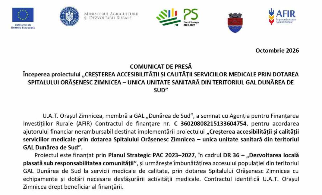 Începerea proiectului „CREȘTEREA ACCESIBILITĂȚII ȘI CALITĂȚII SERVICIILOR MEDICALE PRIN DOTAREA SPITALULUI ORĂȘENESC ZIMNICEA – UNICA UNITATE SANITARĂ DIN TERITORIUL GAL DUNĂREA DE SUD”
